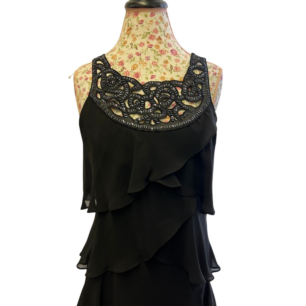 🖤 SLNY 10 Black Chiffon Tiered Dress Lace Overlay Formal Cocktail Elegant - Picture 2 of 4